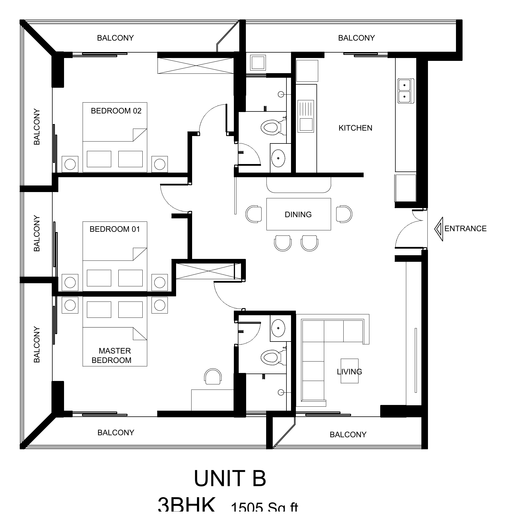 3 Bedroom (Unit B) floor plan, 1,505 square feet