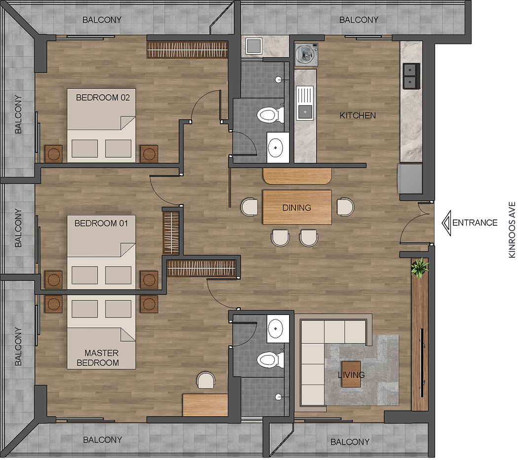 3 Bedroom apartment furnished floor plan